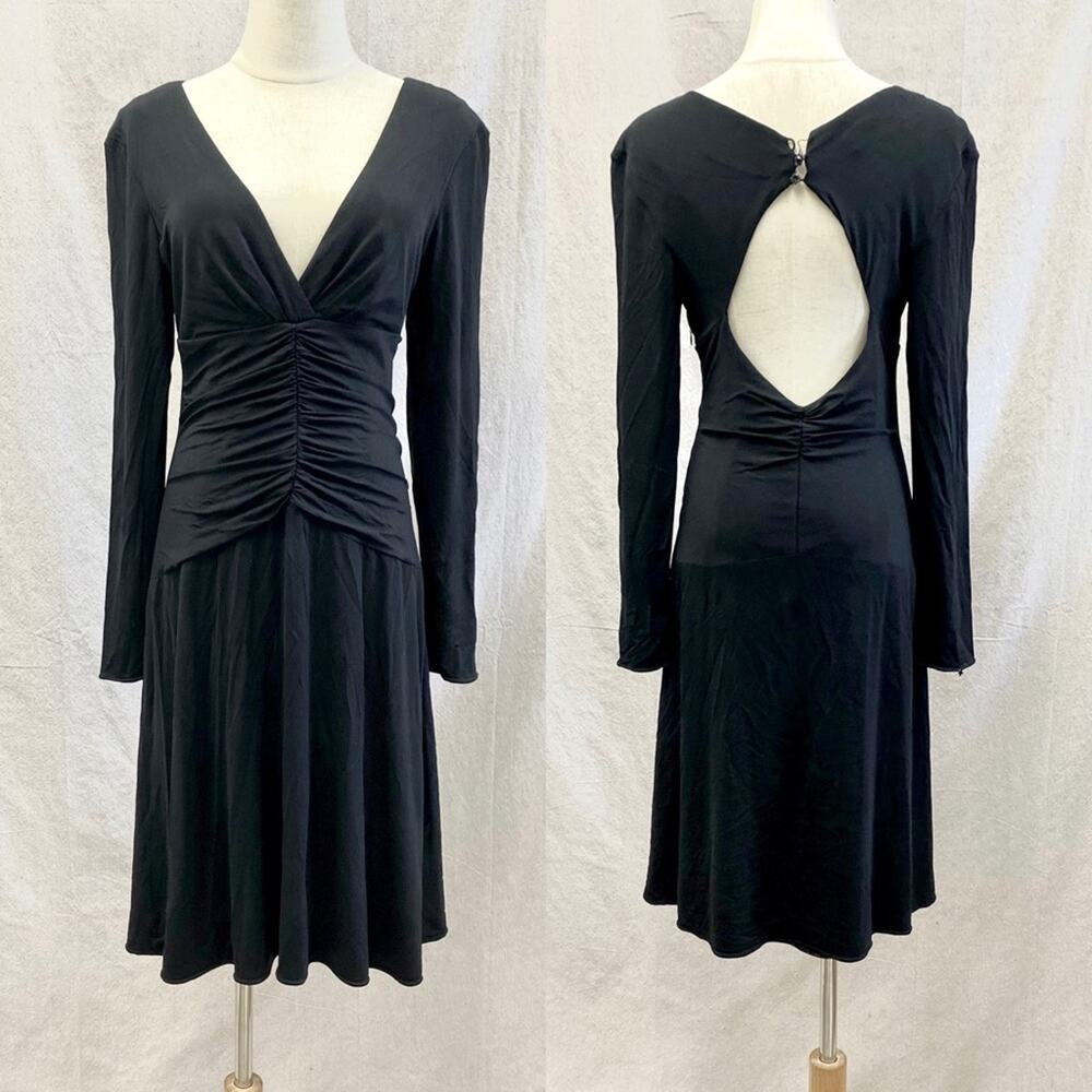 Kay Unger black ruched‎ A Line knee length open back evening dress size 10